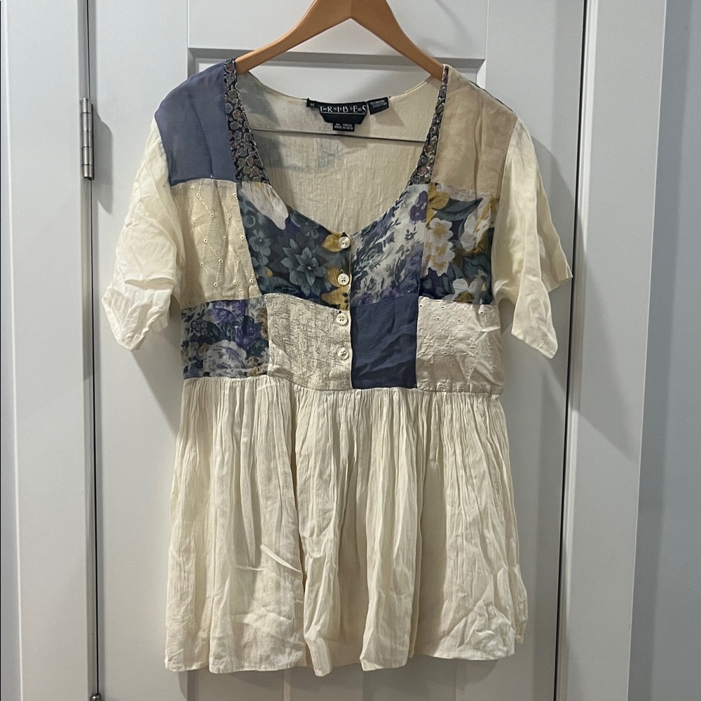 Vintage 90s Tribes Patchwork Floral Cream Peasant Boho Eclectic Festival Medium - Picture 1 of 17